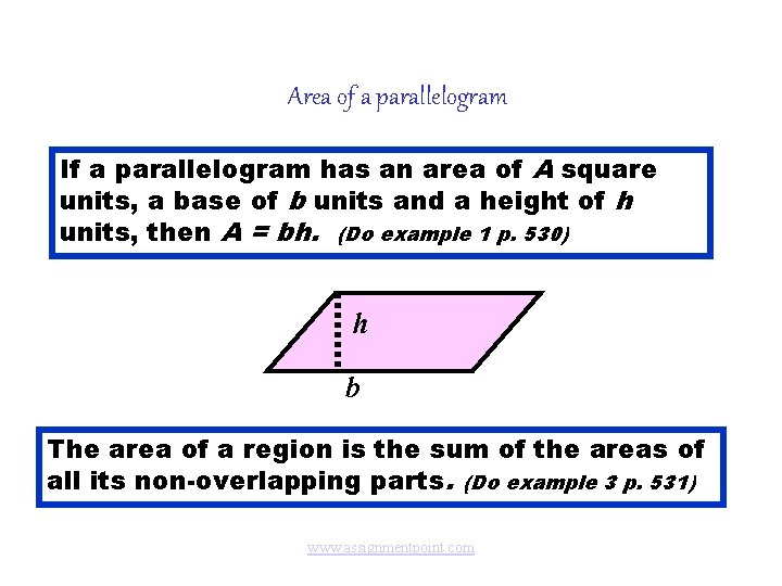 Area of a parallelogram If a parallelogram has an area of A square units,