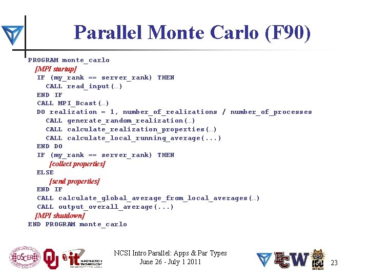 Parallel Monte Carlo (F 90) PROGRAM monte_carlo [MPI startup] IF (my_rank == server_rank) THEN