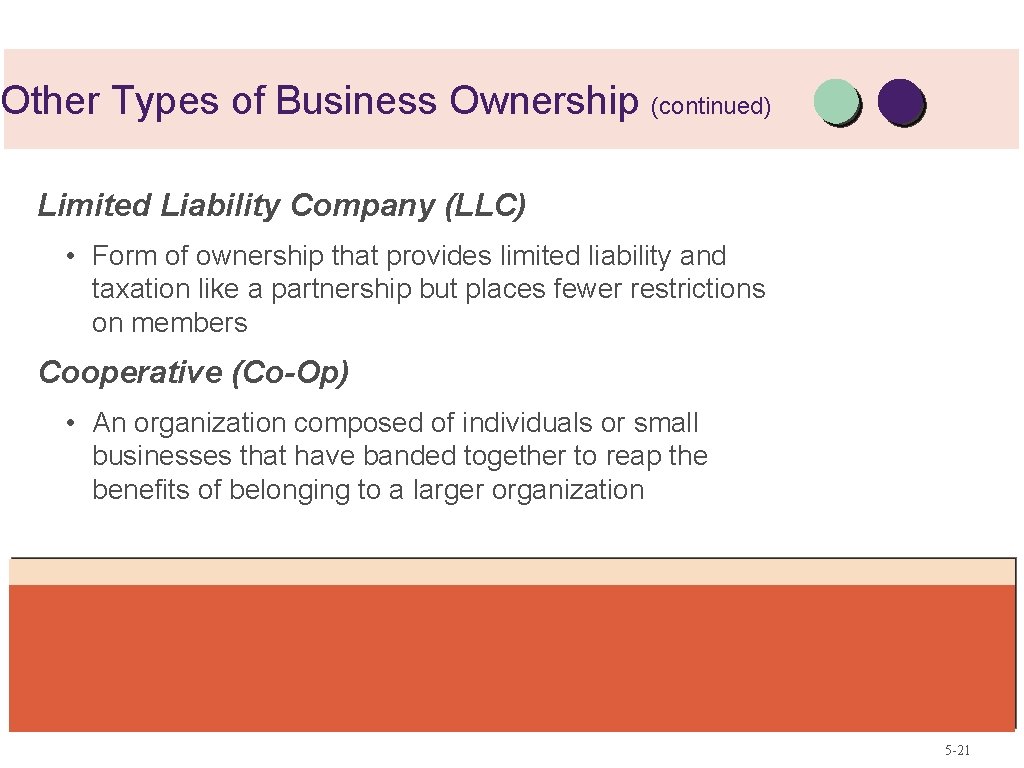 Other Types of Business Ownership (continued) Limited Liability Company (LLC) • Form of ownership