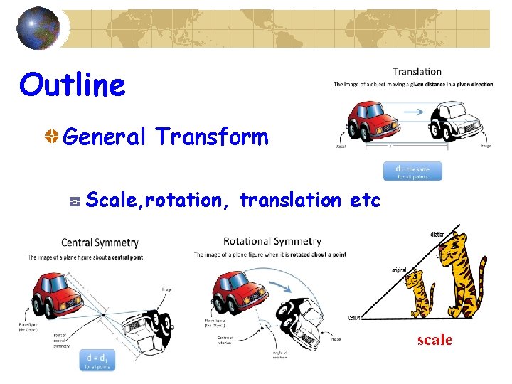 Outline General Transform Scale, rotation, translation etc scale 
