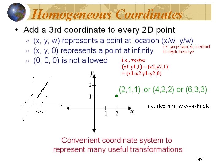 Homogeneous Coordinates i. e. , projection, w is related to depth from eye i.