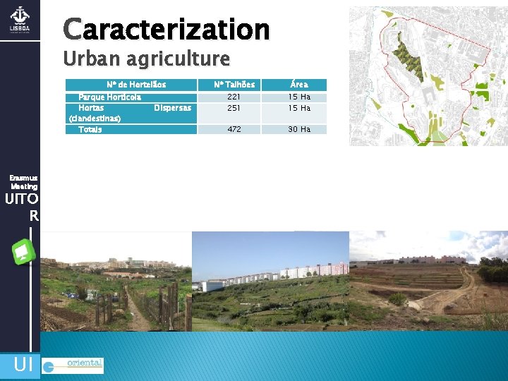 Caracterization Urban agriculture Nº de Hortelãos Parque Hortícola Hortas (clandestinas) Totais Erasmus Meeting UITO