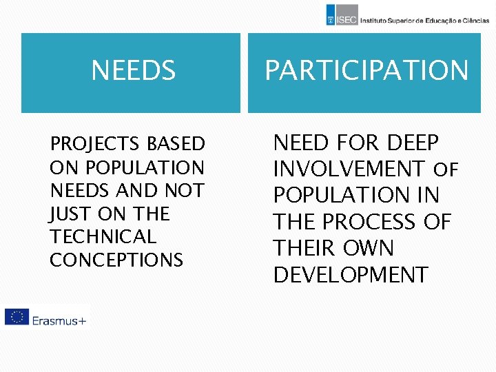NEEDS PARTICIPATION PROJECTS BASED ON POPULATION NEEDS AND NOT JUST ON THE TECHNICAL CONCEPTIONS