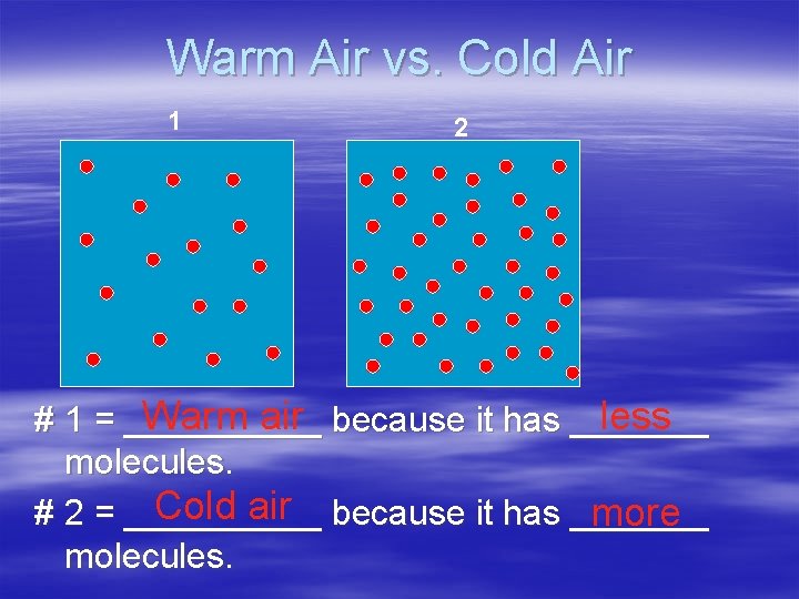 Warm Air vs. Cold Air 1 2 Warm air because it has _______ less