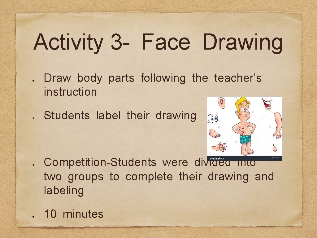 Activity 3 - Face Drawing Draw body parts following the teacher’s instruction Students label