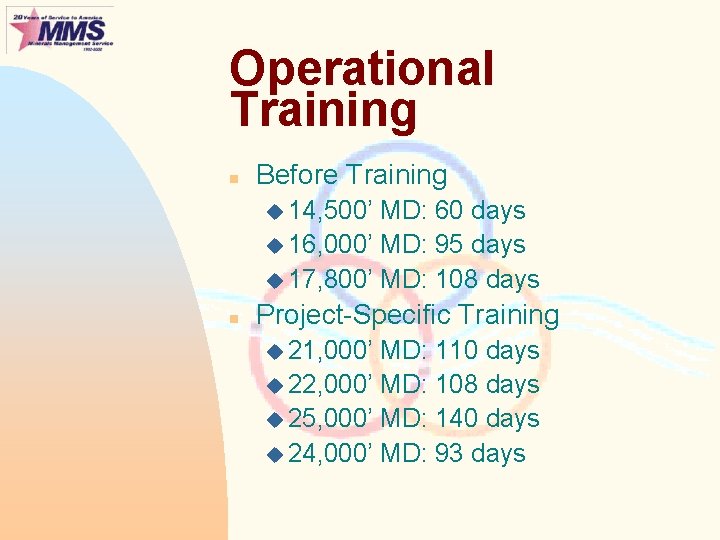 Operational Training n Before Training u 14, 500’ MD: 60 days u 16, 000’