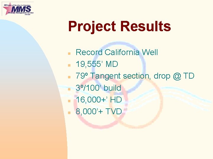 Project Results n n n Record California Well 19, 555’ MD 79º Tangent section,