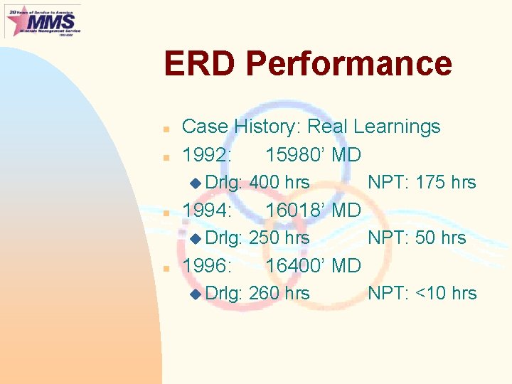 ERD Performance n n Case History: Real Learnings 1992: 15980’ MD u Drlg: n