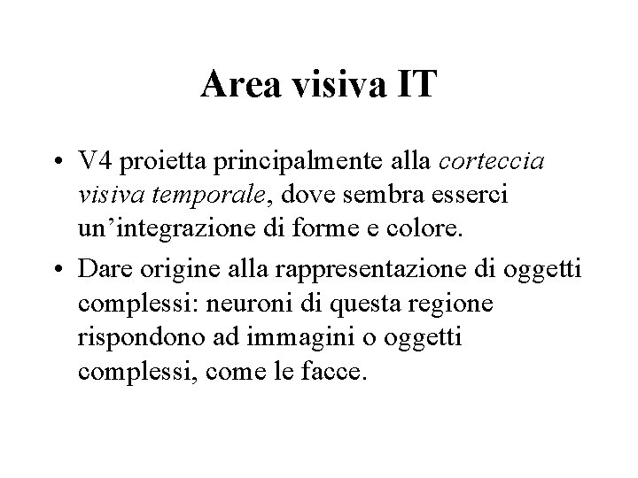 Area visiva IT • V 4 proietta principalmente alla corteccia visiva temporale, dove sembra
