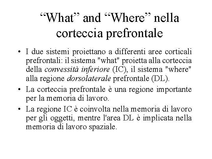 “What” and “Where” nella corteccia prefrontale • I due sistemi proiettano a differenti aree