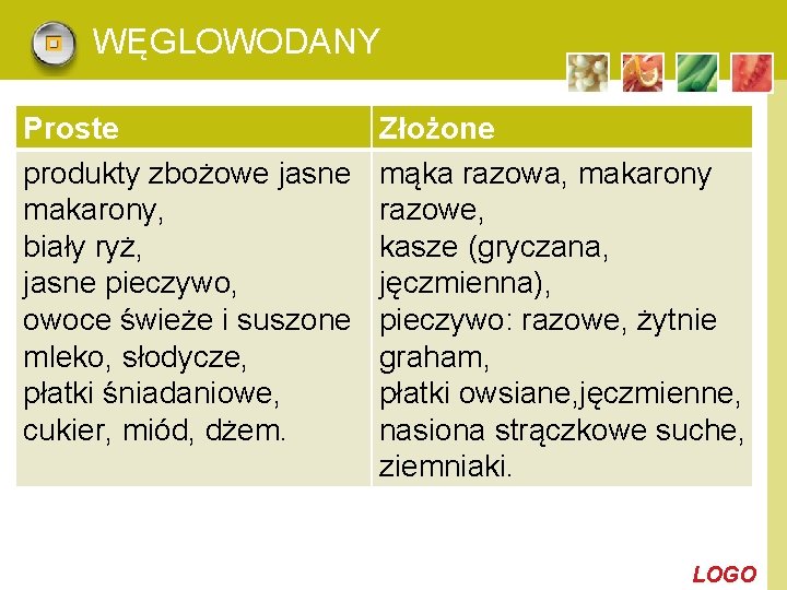 WĘGLOWODANY Proste produkty zbożowe jasne makarony, biały ryż, jasne pieczywo, owoce świeże i suszone