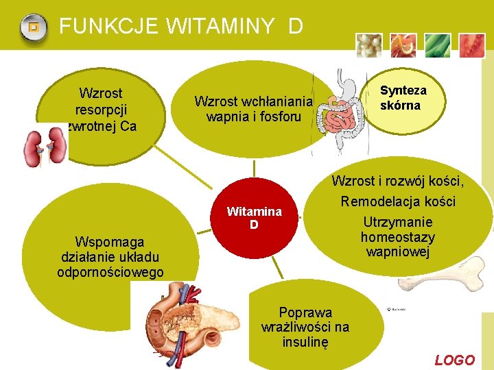 FUNKCJE WITAMINY D Wzrost resorpcji zwrotnej Ca Wzrost wchłaniania wapnia i fosforu Witamina D