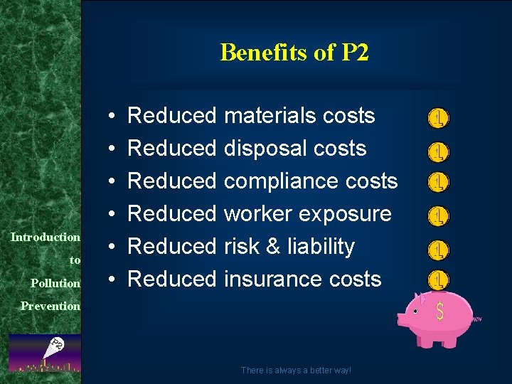 Benefits of P 2 Introduction to Pollution • • • Reduced materials costs Reduced