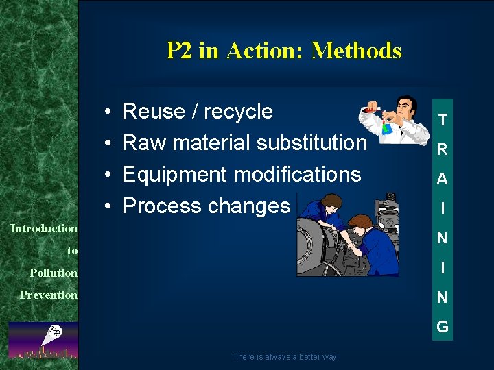 P 2 in Action: Methods • • Reuse / recycle Raw material substitution Equipment