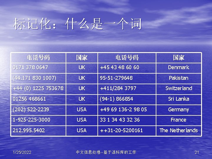 标记化：什么是一个词 电话号码 国家 0171 378 0647 UK +45 43 48 60 60 Denmark (44.