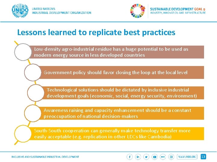 Lessons learned to replicate best practices Low-density agro-industrial residue has a huge potential to