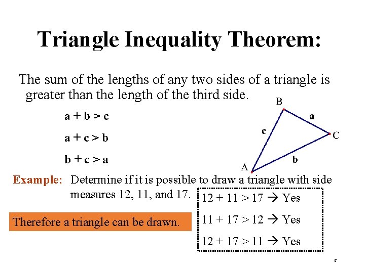 Triangle Inequality Theorem: The sum of the lengths of any two sides of a