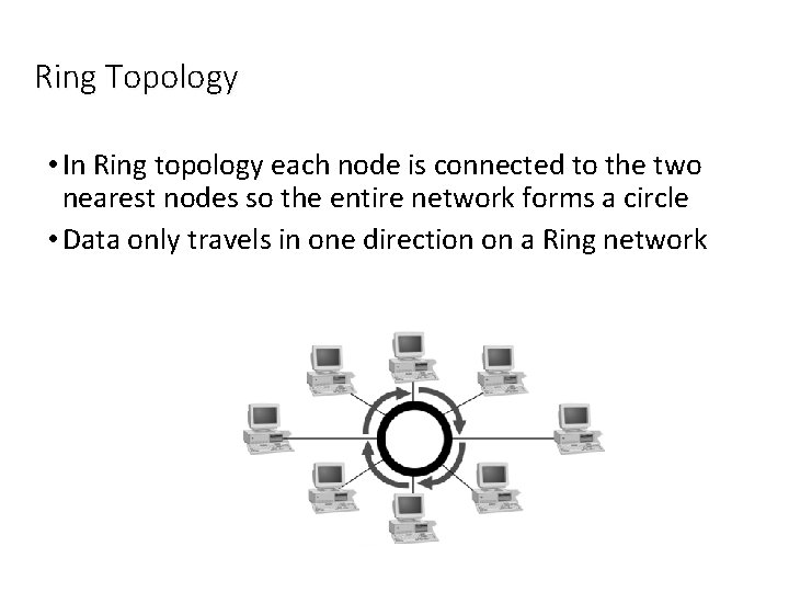 Ring Topology • In Ring topology each node is connected to the two nearest