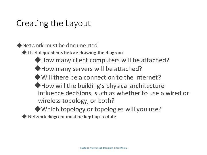 Creating the Layout Network must be documented Useful questions before drawing the diagram How