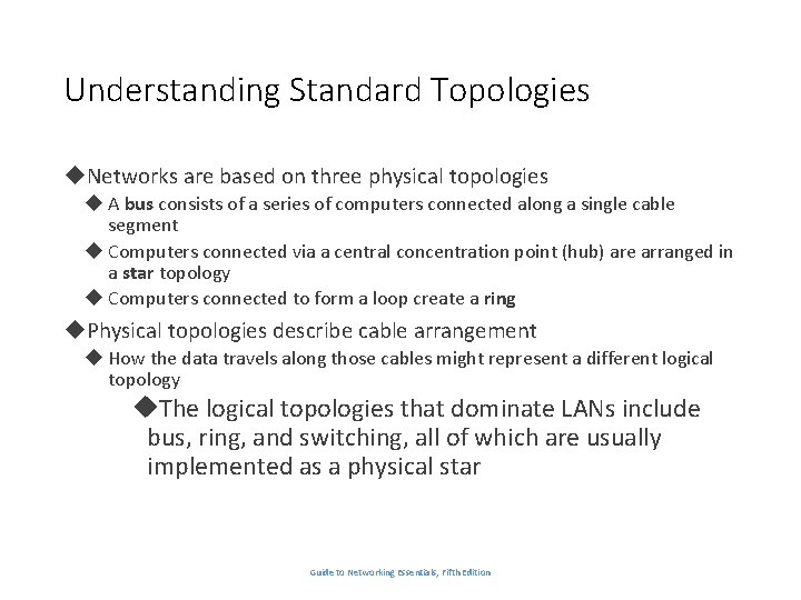 Understanding Standard Topologies Networks are based on three physical topologies A bus consists of