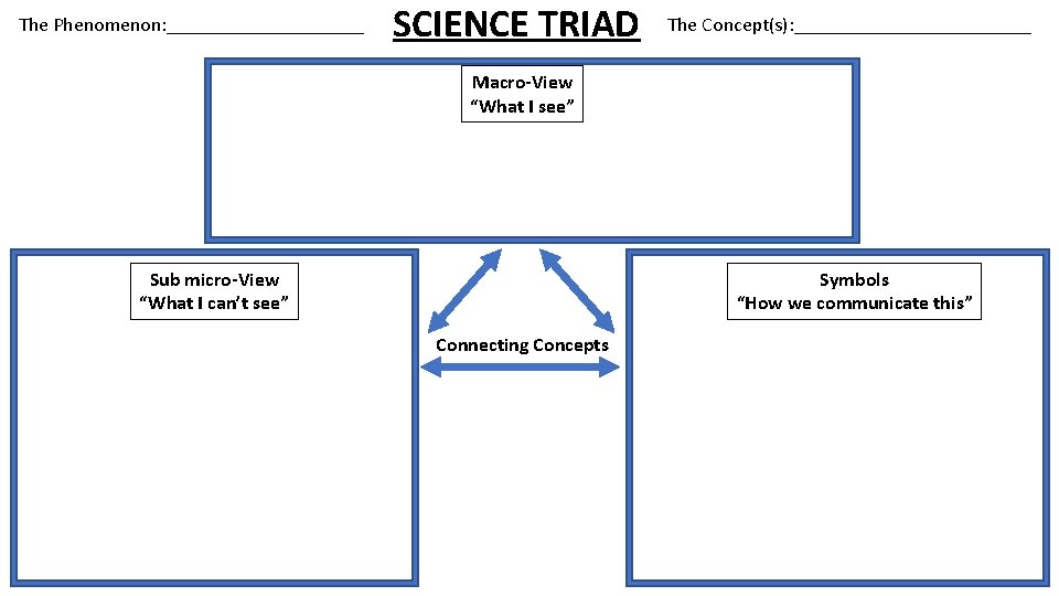 The Phenomenon: __________ SCIENCE TRIAD The Concept(s): ____________ Macro-View “What I see” Sub micro-View
