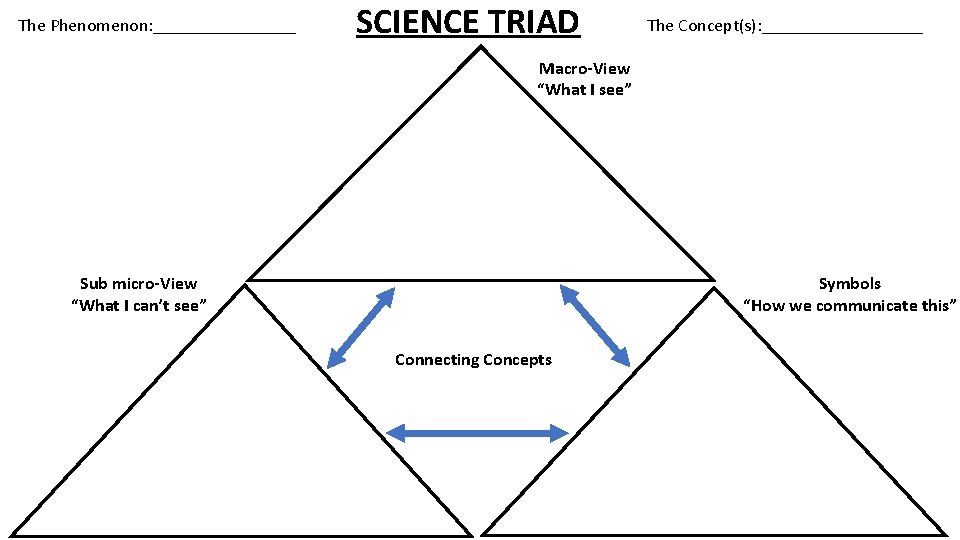 The Phenomenon: ________ SCIENCE TRIAD The Concept(s): _________ Macro-View “What I see” Sub micro-View