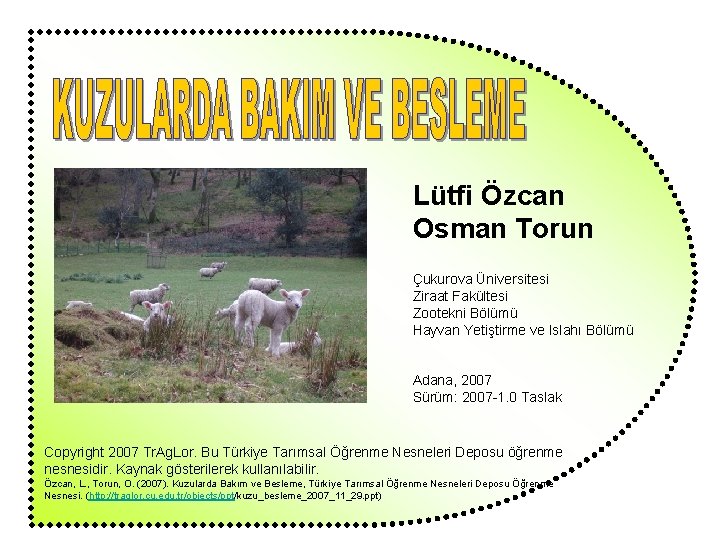 Lütfi Özcan Osman Torun Çukurova Üniversitesi Ziraat Fakültesi Zootekni Bölümü Hayvan Yetiştirme ve Islahı