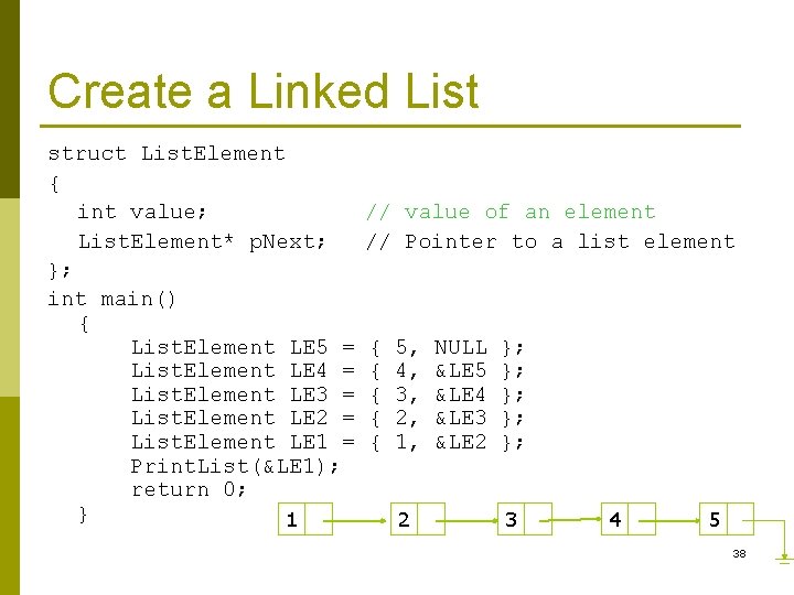 Create a Linked List struct List. Element { int value; List. Element* p. Next;