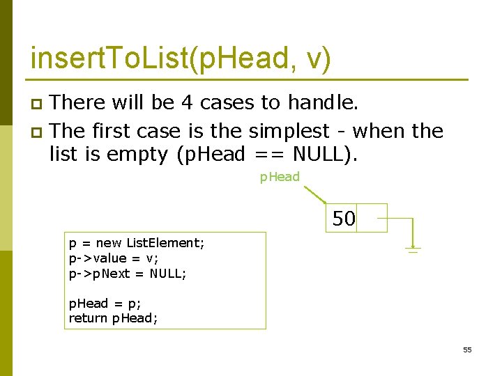 insert. To. List(p. Head, v) There will be 4 cases to handle. p The