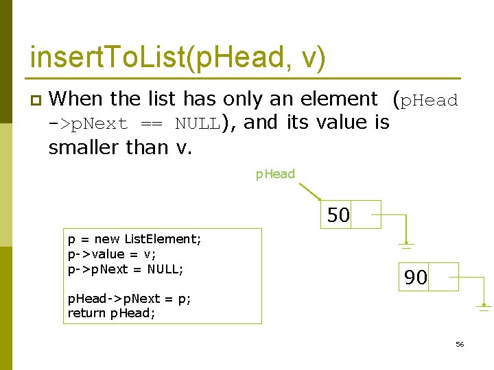 insert. To. List(p. Head, v) p When the list has only an element (p.