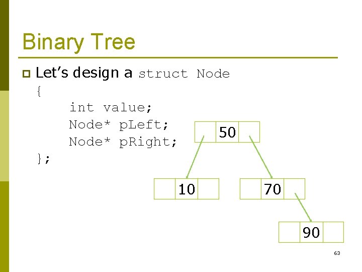 Binary Tree p Let’s design a struct Node { int value; Node* p. Left;
