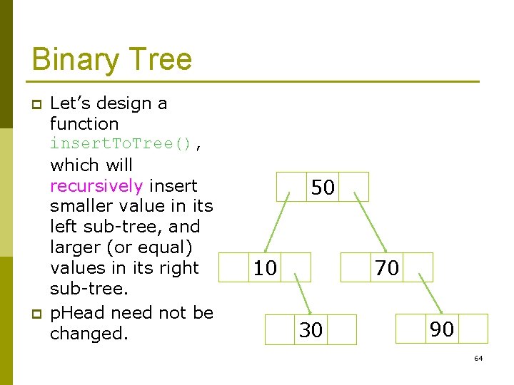 Binary Tree p p Let’s design a function insert. To. Tree(), which will recursively