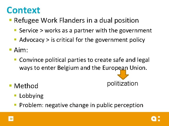 Context § Refugee Work Flanders in a dual position § Service > works as