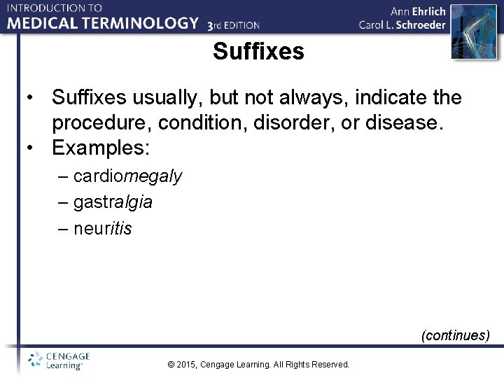 Suffixes • Suffixes usually, but not always, indicate the procedure, condition, disorder, or disease.