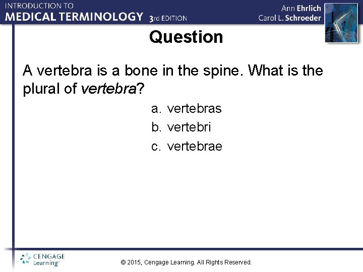 Question A vertebra is a bone in the spine. What is the plural of