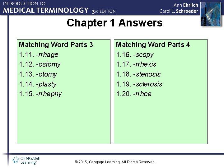 Chapter 1 Answers Matching Word Parts 3 1. 11. -rrhage 1. 12. -ostomy 1.