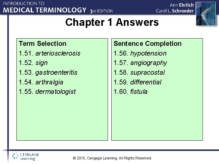 Chapter 1 Answers Term Selection 1. 51. arteriosclerosis 1. 52. sign 1. 53. gastroenteritis