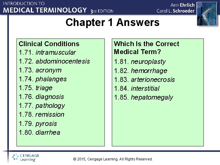 Chapter 1 Answers Clinical Conditions 1. 71. intramuscular 1. 72. abdominocentesis 1. 73. acronym