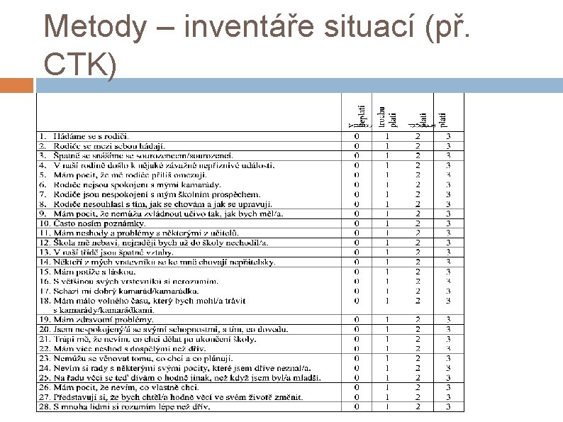 Metody – inventáře situací (př. CTK) 