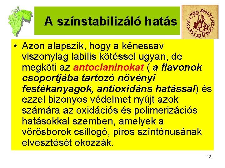 A színstabilizáló hatás • Azon alapszik, hogy a kénessav viszonylag labilis kötéssel ugyan, de