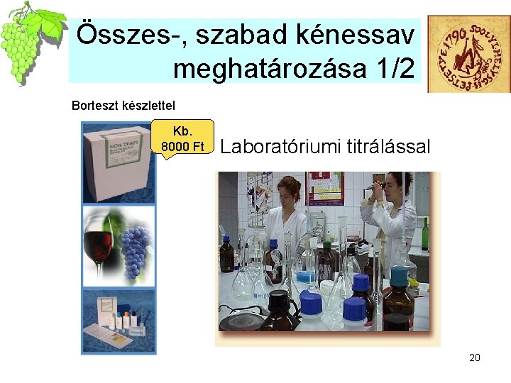 Összes-, szabad kénessav meghatározása 1/2 Borteszt készlettel Kb. 8000 Ft Laboratóriumi titrálással 20 