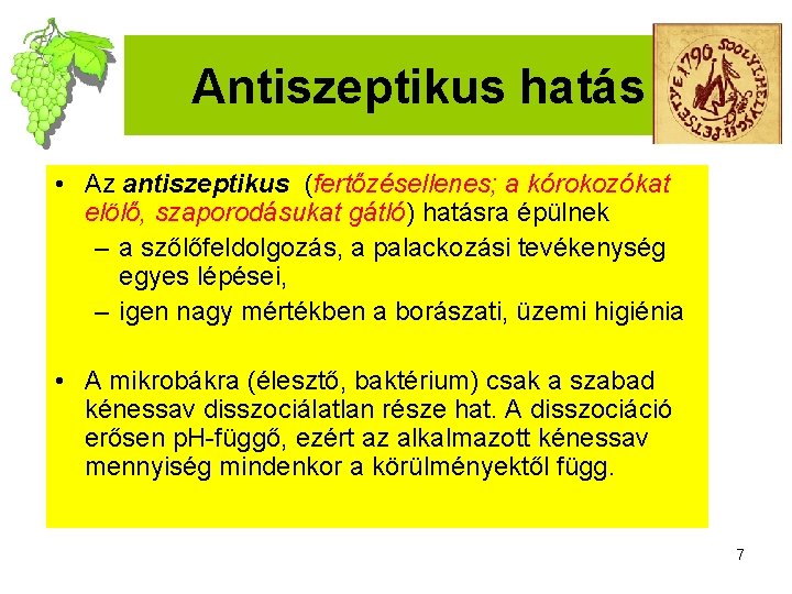 Antiszeptikus hatás • Az antiszeptikus (fertőzésellenes; a kórokozókat elölő, szaporodásukat gátló) hatásra épülnek –