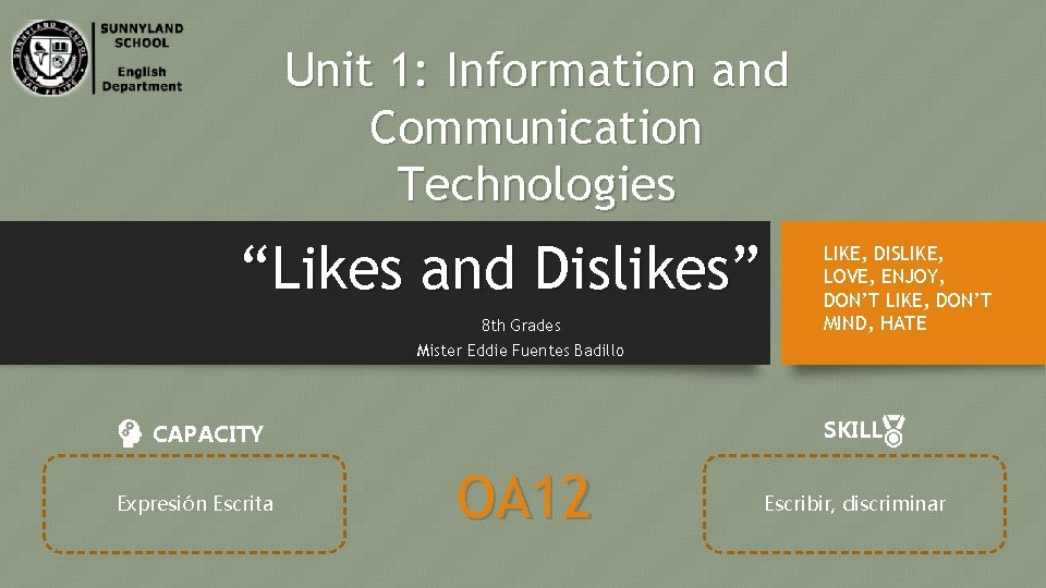 Unit 1: Information and Communication Technologies “Likes and Dislikes” 8 th Grades LIKE, DISLIKE,