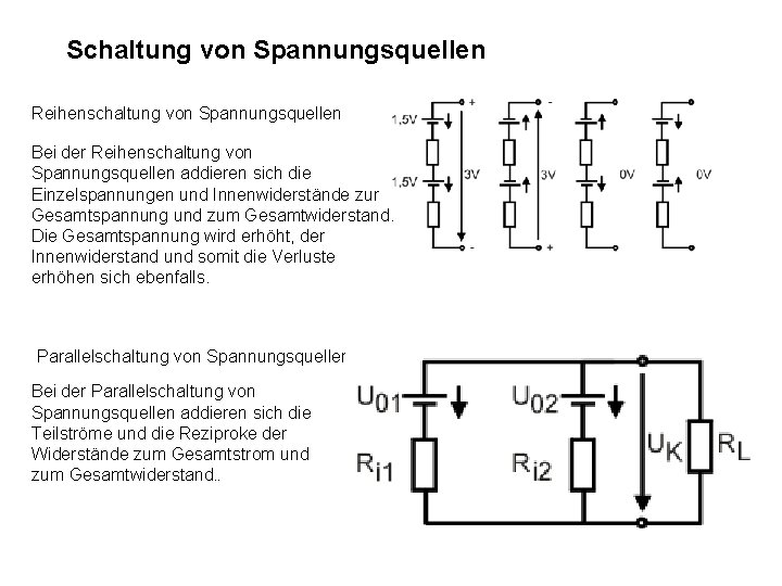 Schaltung von Spannungsquellen Reihenschaltung von Spannungsquellen Bei der Reihenschaltung von Spannungsquellen addieren sich die