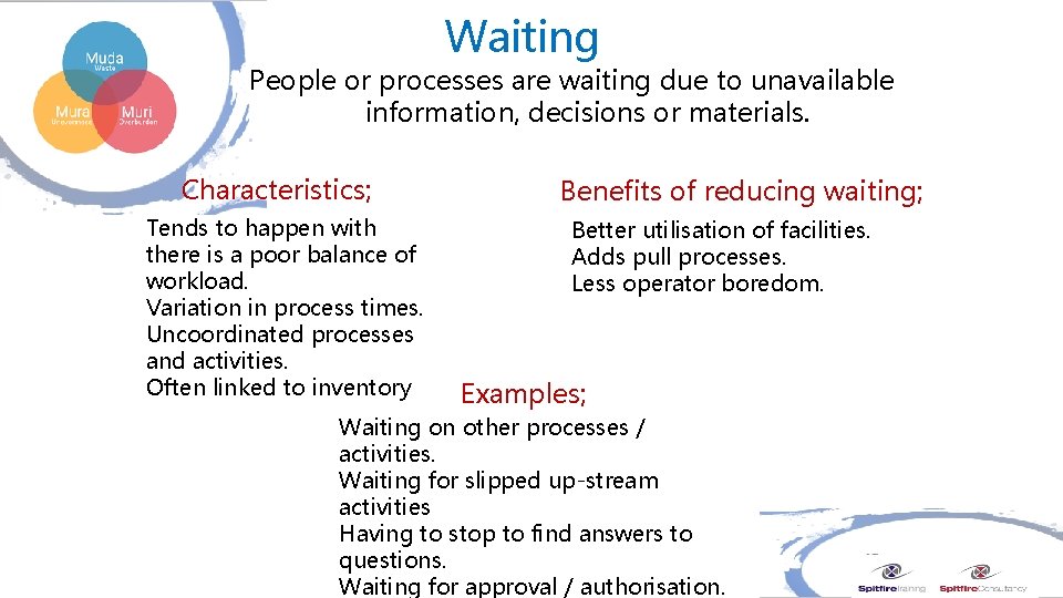 Waiting People or processes are waiting due to unavailable information, decisions or materials. Characteristics; Waiting People or processes are waiting due to unavailable information, decisions or materials. Characteristics;