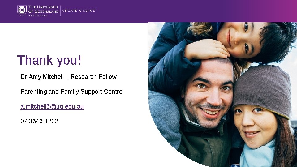 Thank you! Dr Amy Mitchell | Research Fellow Parenting and Family Support Centre a.
