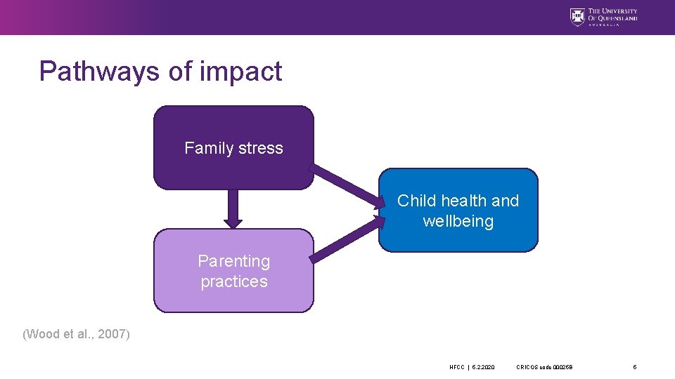 Pathways of impact Family stress Child health and wellbeing Parenting practices (Wood et al.