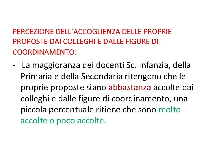 PERCEZIONE DELL’ACCOGLIENZA DELLE PROPRIE PROPOSTE DAI COLLEGHI E DALLE FIGURE DI COORDINAMENTO: - La