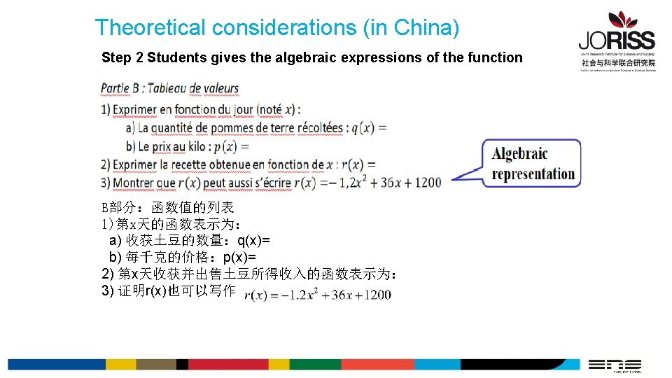 Theoretical considerations (in China) Step 2 Students gives the algebraic expressions of the function