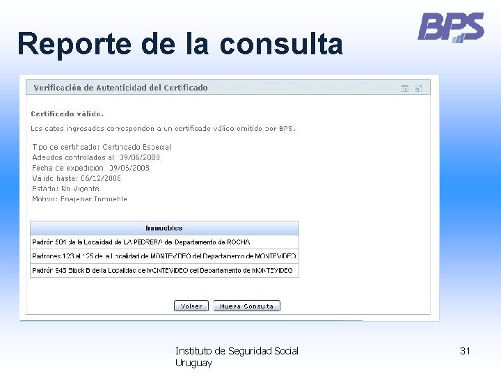 Reporte de la consulta Instituto de Seguridad Social Uruguay 31 